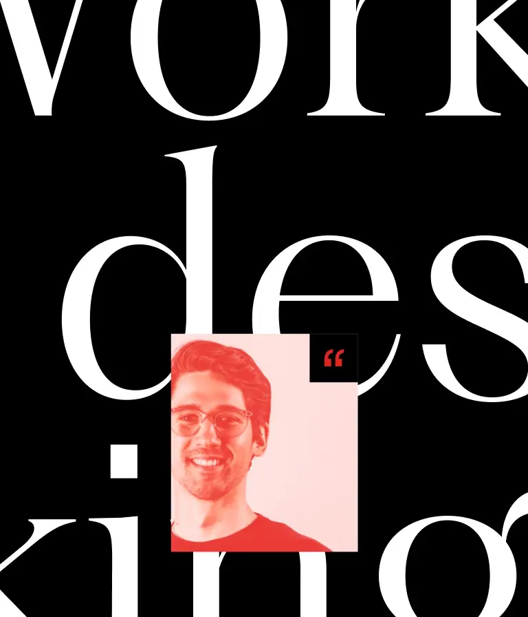 A man smiling in a red-tinted square overlay on abstract black and white text with large, cropped serif letters in the background.