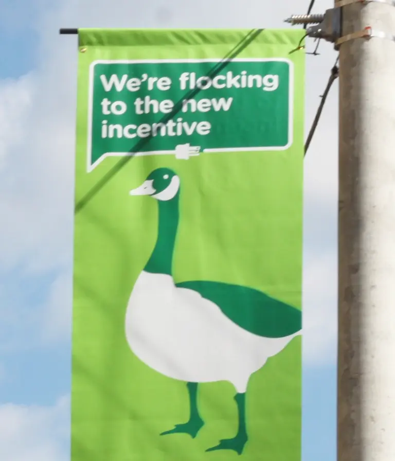 A green banner with a cartoon goose and text: We’re flocking to the new incentive. The banner hangs on a pole against the sky.