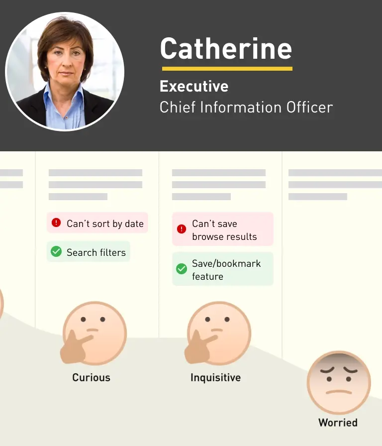 A persona profile of a fictional user, Catherine, a CIO, with her photo and a chart showing various emotions: curious, inquisitive, and worried.