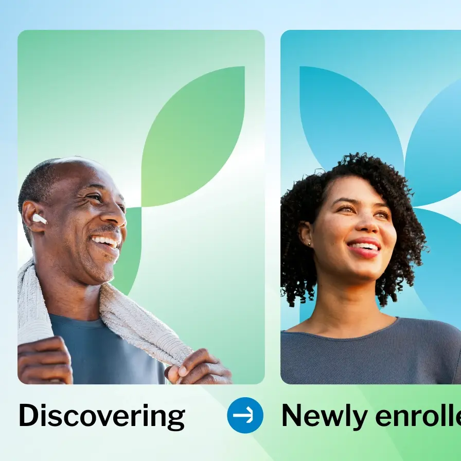 A smiling man with a towel around his neck and a smiling woman are shown with abstract green and blue leaf shapes in the background.