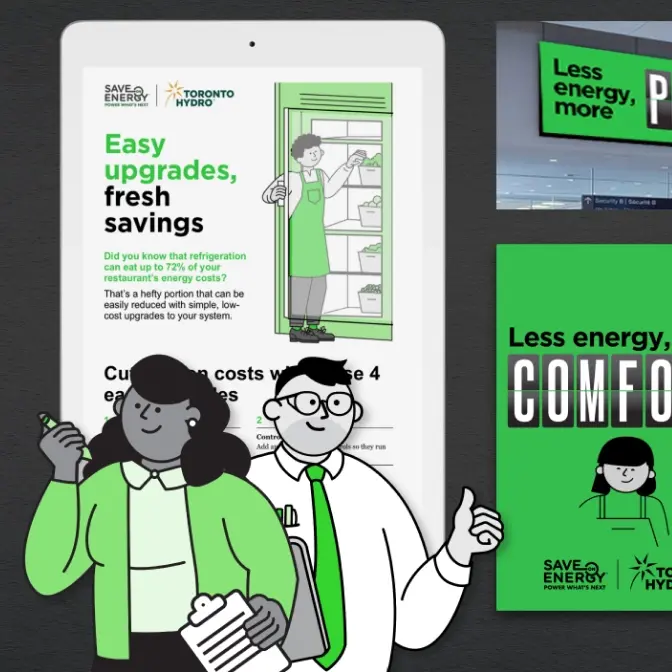 A collage of ads. Three cartoon people near a tablet displaying an energy-saving ad, with green and black colors and text about cost-cutting upgrades.