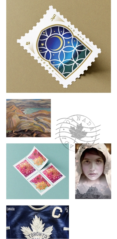 A collage of Canada Post stamp designs: florals, fine art, a haunted figure, a Toronto Maple Leafs jersey, and an Eid geometric design.