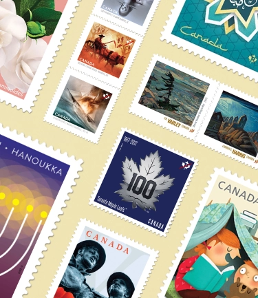 Collage of Canada Post stamp designs (ferries, fine art, hockey, and cultural celebrations), showcasing the variety of the series.