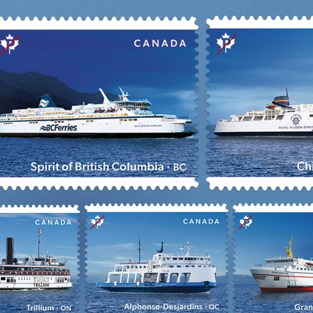 Sheet of Canada Post ferry stamps featuring different vessels on the water, including one labeled “Spirit of British Columbia – BC”.