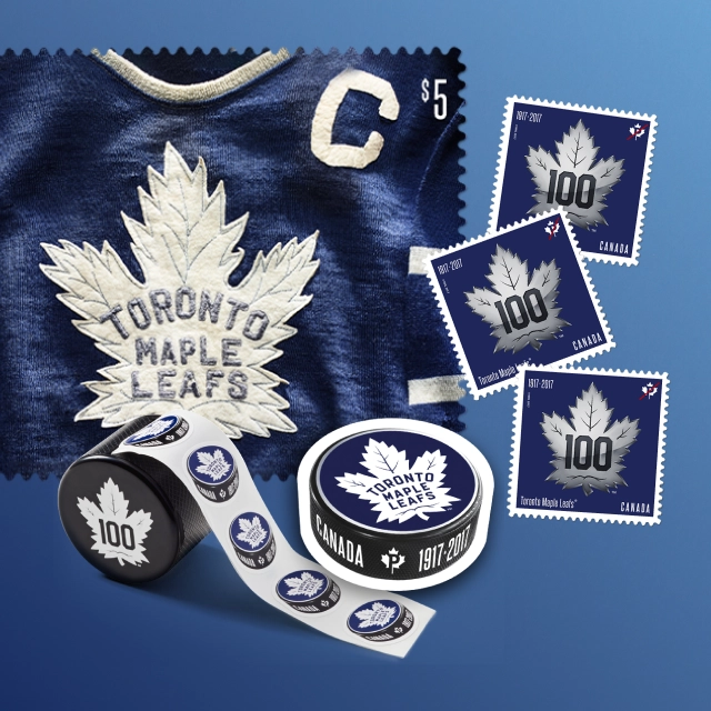 Toronto Maple Leafs centennial stamp design shown alongside a jersey, sticker roll, and puck—demonstrating a full collectible/merch concept.