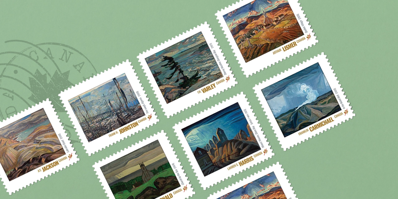 Set of Canada Post stamps reproducing Canadian landscape paintings, each framed as a stamp on a green background to showcase the series.