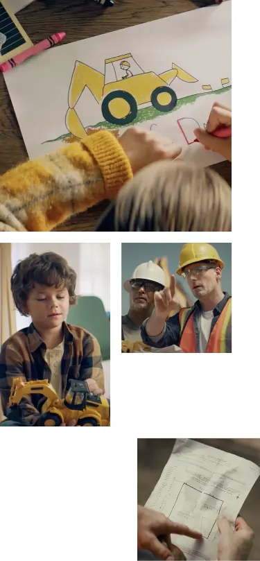Collage of images: a child draws a yellow bulldozer, a child plays with a toy bulldozer, adults in hard hats and someone reviews a document.