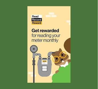 "Read Record Reward" promotional graphic with Merle the Squirrel inspecting a gas meter.