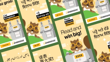 A cartoon squirrel with glasses holds a clipboard next to a gas meter. Text says: “Read and win big!” in multiple languages.