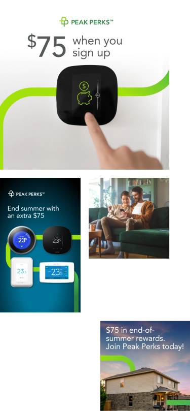 Peak Perks campaign creative example reads “$75 when you sign up,” thermostat visuals, and includes supporting social-style layouts.