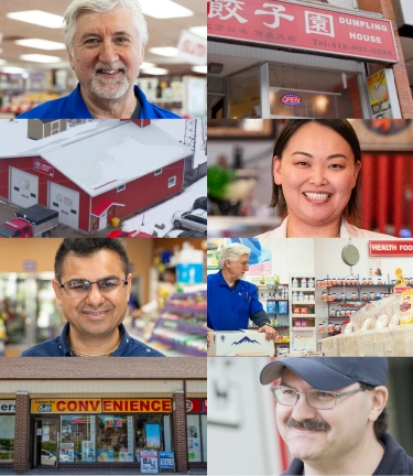 A collage of store owners, staff, storefronts, and buildings, including markets, a restaurant, and a rural red building with cars.