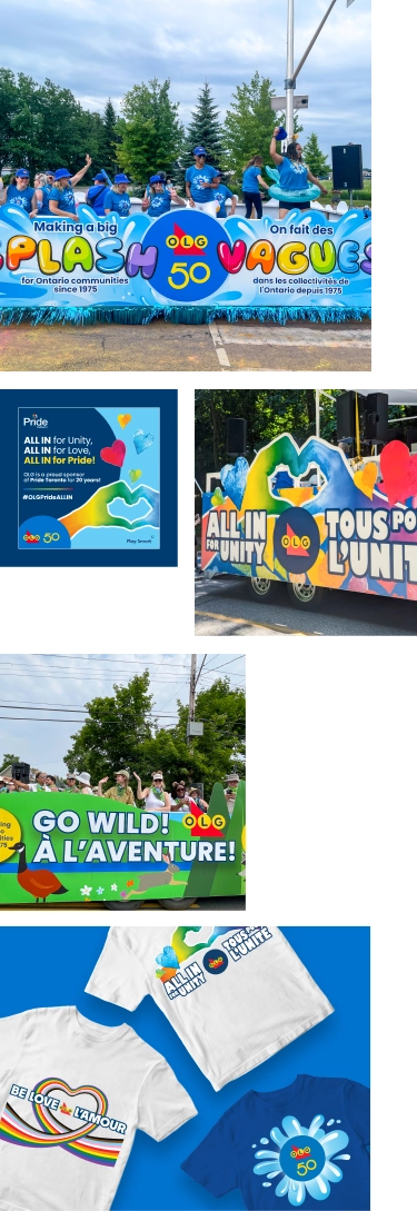 Collage of different marketing examples including parade floats, banners, and t-shirts with colourful designs, Pride themes, and happy participants.