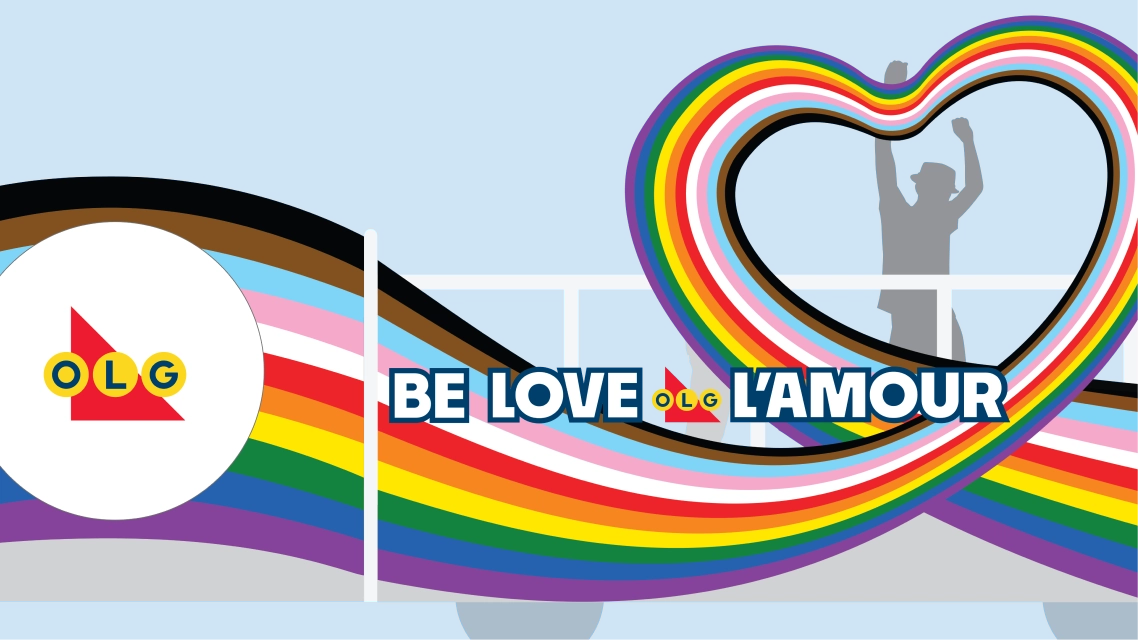 Digital art with rainbow-striped heart, Pride flag colors, OLG logo, and text: BE LOVE OLG L’AMOUR on a blue background.
