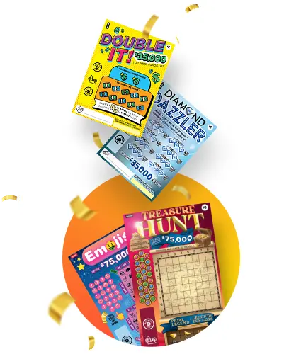 Four colourful lottery scratch-off tickets with gold confetti on a white and orange background, including Emoji and Treasure Hunt themes.
