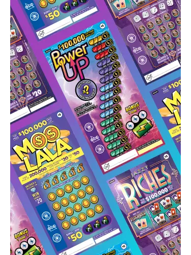 Colourful assortment of scratch-off lottery tickets arranged diagonally on a purple background, featuring coins and game icons.