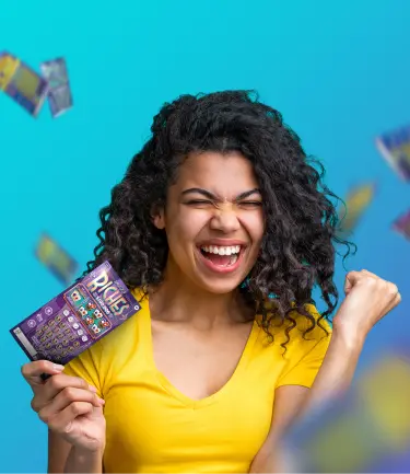 A smiling woman in a yellow shirt celebrates while holding a lottery scratch card, with more scratch cards floating around her.