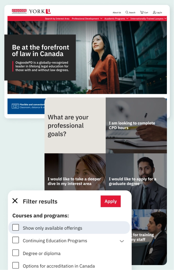 OsgoodePD website homepage showing a journey-focused navigation tool and the course filtering interface.