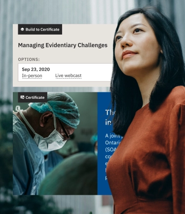 Two course listing cards overlaid on a city backdrop, showing program titles and session dates.