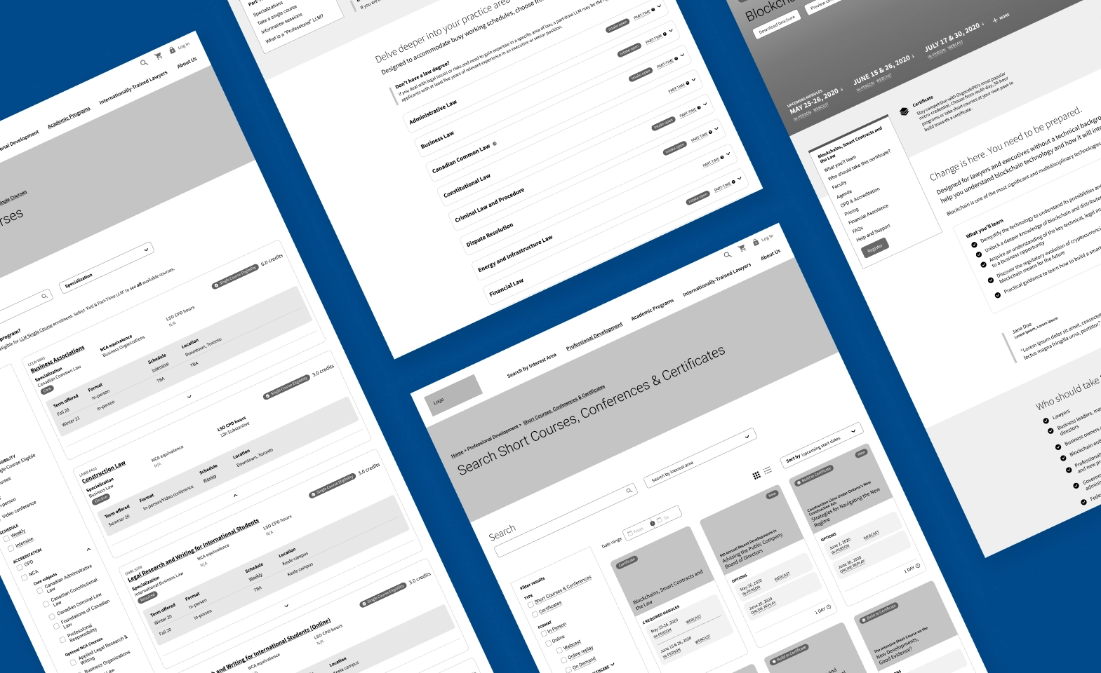 Wireframes of multiple OsgoodePD website layouts including search, course listings, and program detail pages.