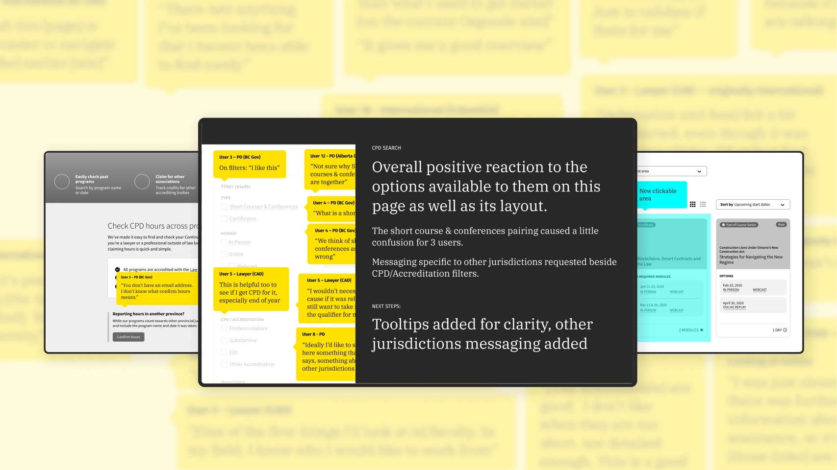 Usability testing session with sticky note findings and participant quotes organized by theme.
