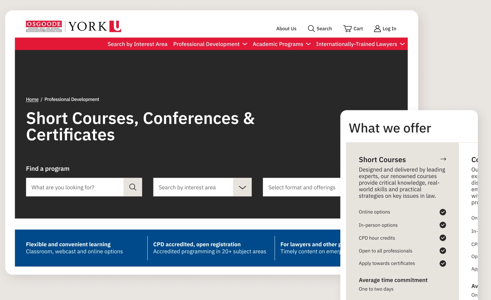 OsgoodePD short courses and certificates search page with filters for interest area and format.