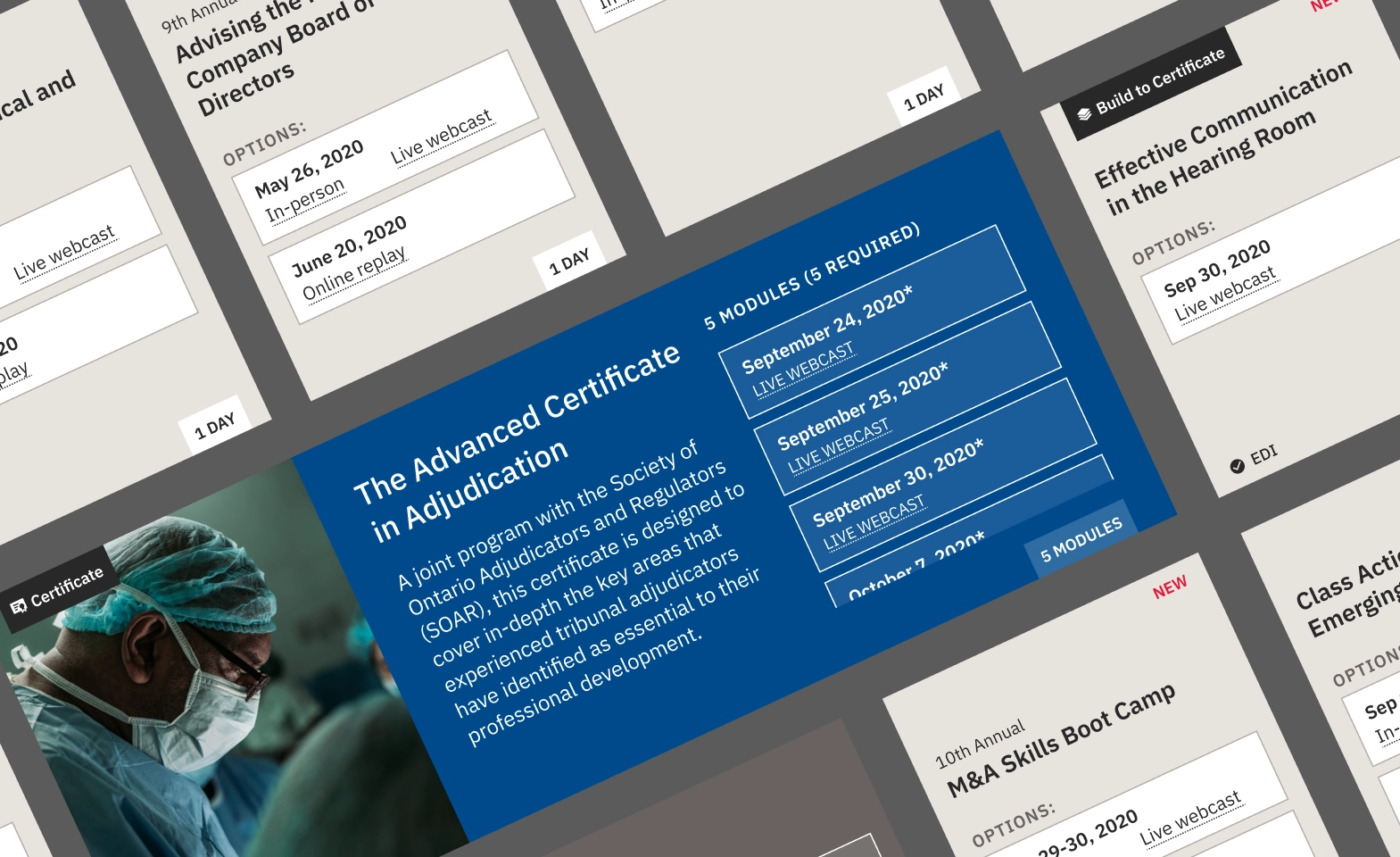 Course listing cards showing program titles, session dates, formats, and certificate options.