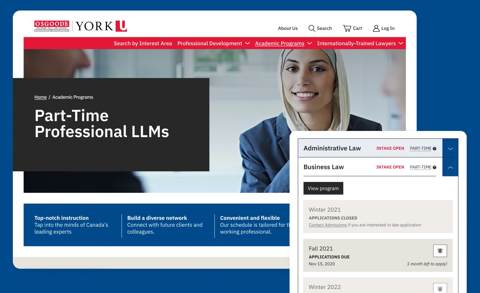 OsgoodePD part-time professional LLMs page showing program listings with intake status and application deadlines.