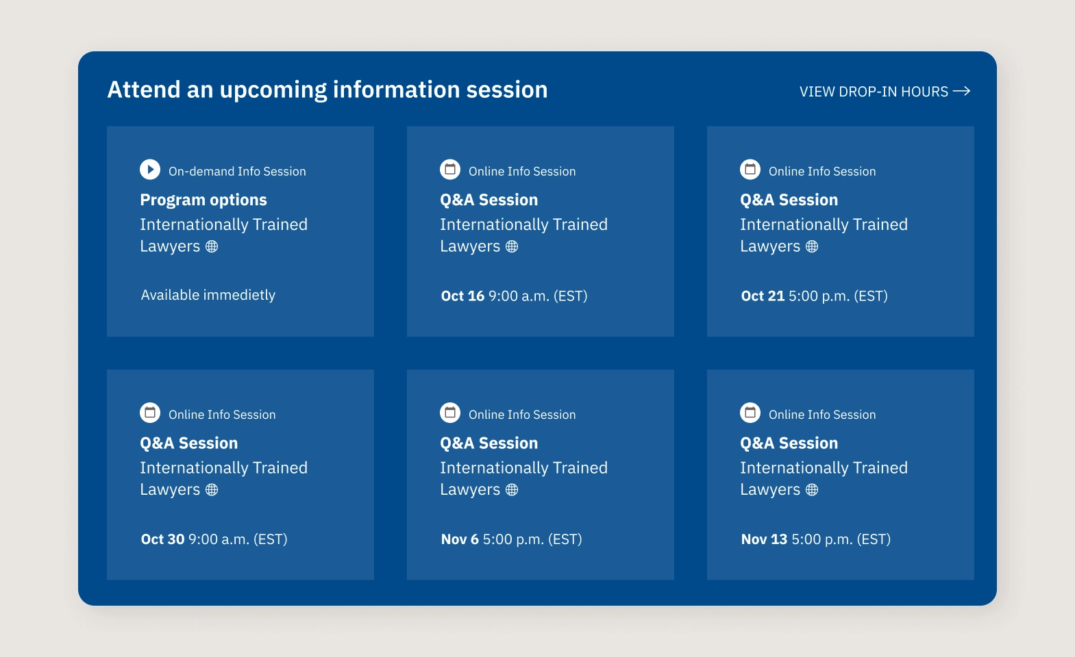 Upcoming information sessions grid showing online and on-demand Q&A session dates for internationally trained lawyers.