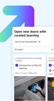 OVIN Learn curated learning pathways interface featuring an EV expert course from Conestoga College.