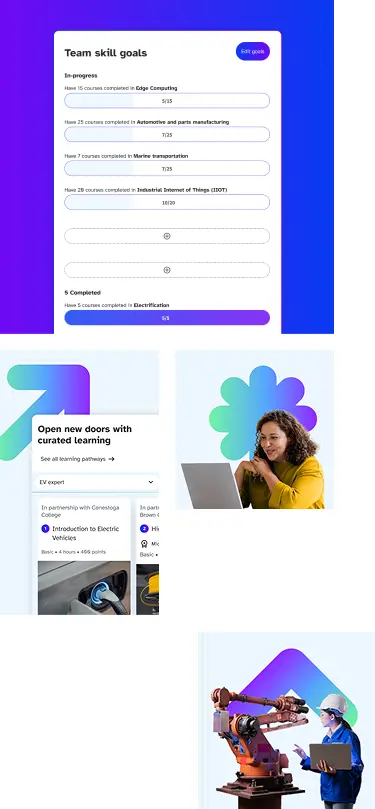 A pictorial collage of a woman using a laptop, a robotic arm, and online learning module screens, all on a vibrant blue and purple background.