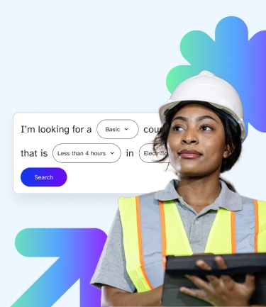 A woman in a hard hat and safety vest stands beside a search bar on a website about digital workforce training in Ontario.