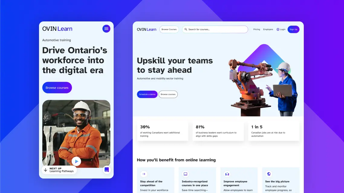 Two screens show an online training platform promoting workforce upskilling, with text, photos, and a robot arm illustration.