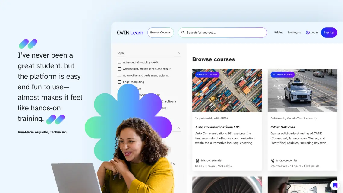 A woman smiles at her laptop, with an educational website displaying online courses and a student testimonial visible on the screen.