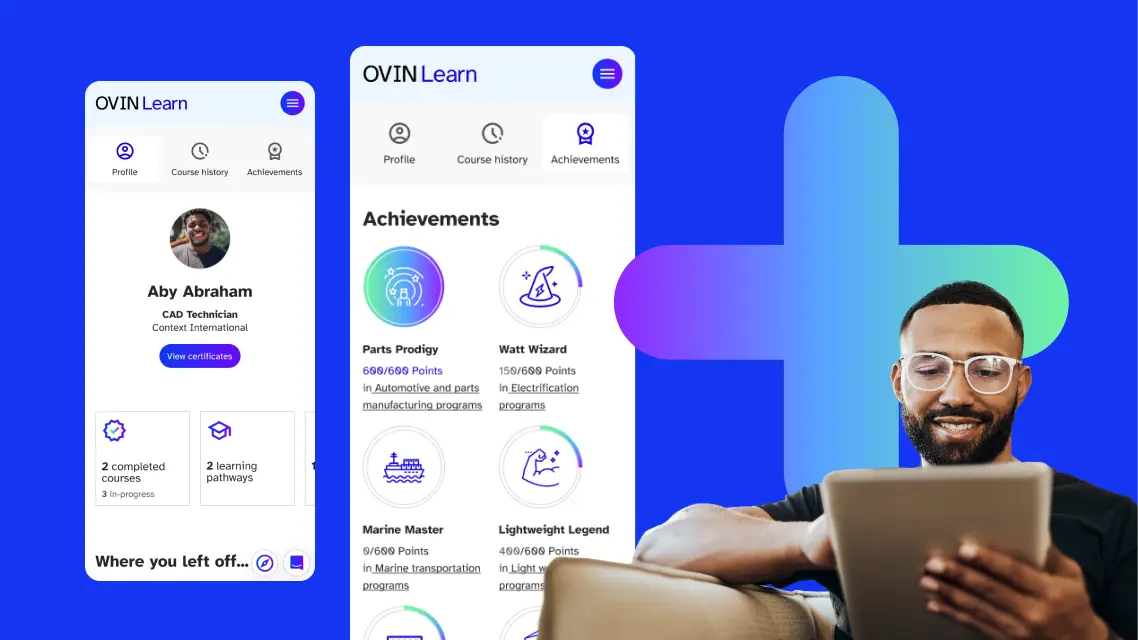 A smiling man uses a laptop against a blue background. Next to him are two mobile screens from a learning app.