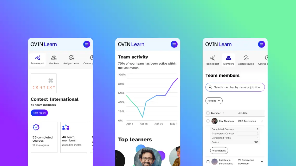 Three mobile screens from the OVIN Learn app, showing different features, all on a blue-to-green gradient background.