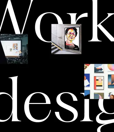 Black-and-white typographic image reads “working in design,” with three inset images: an event presentation, a poster and a grid of designs.