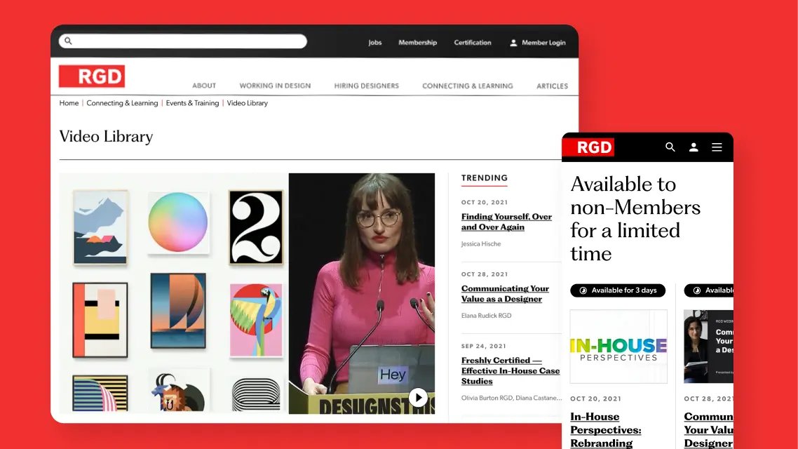 Desktop and mobile pages of the Video Library page on a red background, showing a featured talk thumbnail and a sidebar of trending items.