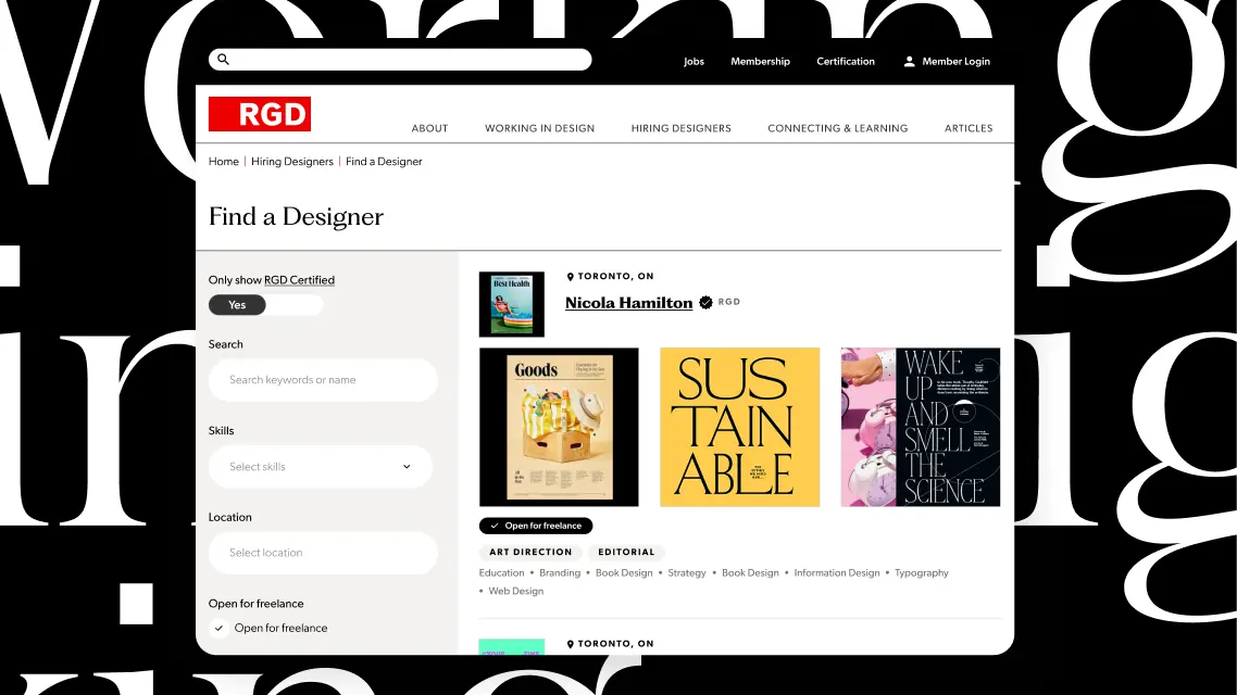 RGD “Find a Designer” directory page mockup showing search filters on the left and a designer profile preview with portfolio tiles on the right.
