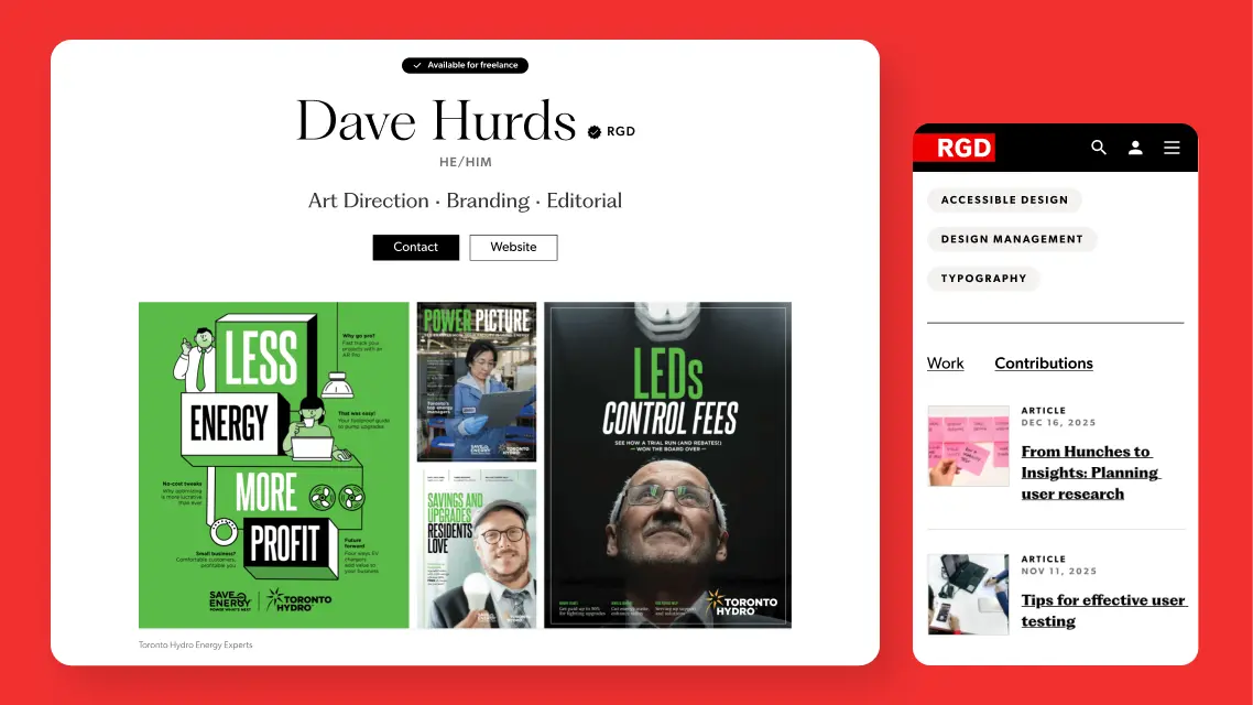 Designer profile page mockup showing portfolio tiles and buttons, alongside a mobile view listing categories and article links.