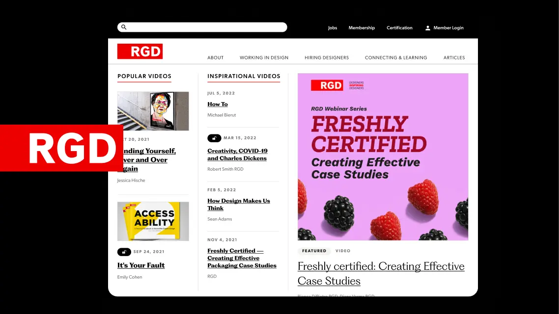 RGD website page features navigation plus a large featured card that read “FRESHLY CERTIFIED: Creating Effective Case Studies”.