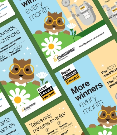 Colourful marketing ads with a cartoon squirrel, daisies, and text promoting a reading rewards contest with prizes and easy entry steps.