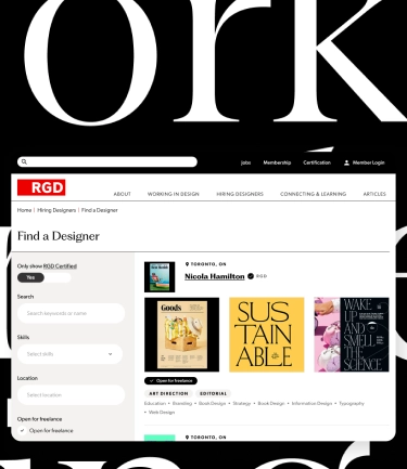 RGD “Find a Designer” directory page mockup showing search filters on the left and a designer profile preview with portfolio tiles on the right.