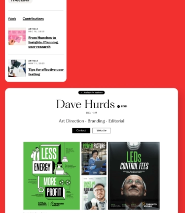 Designer profile page mockup showing portfolio tiles and buttons, alongside a mobile view listing categories and article links.
