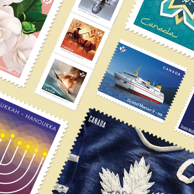 A collage of Canada Post stamps: a white gardenia, a ferryboat, a Hanukkah menorah, a Toronto Maple Leafs jersey, and an Eid geometric design.