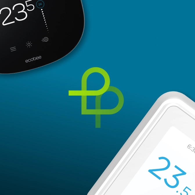 Two smart thermostats on a teal background both displaying 23.5°. One is black and the other is white. There is a green logo in the center.