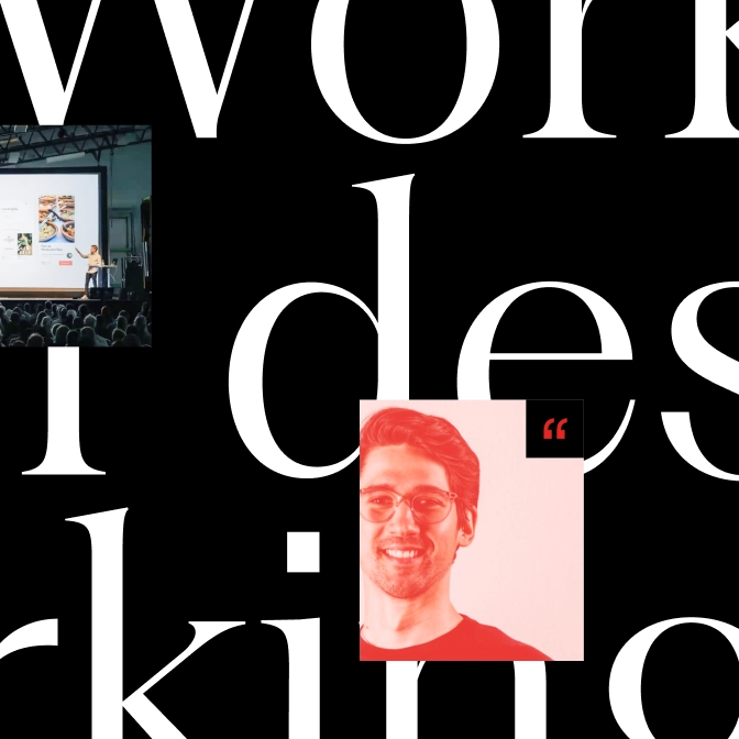 Black graphic with large white serif text. Two inset photos: a speaker presenting at a conference, and a smiling young man with glasses.