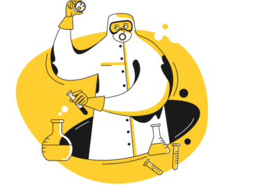 Illustration of a scientist and beakers