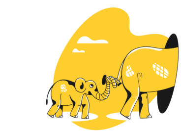 Illustration of baby elephant holding its the tail of another elephant with its trunk