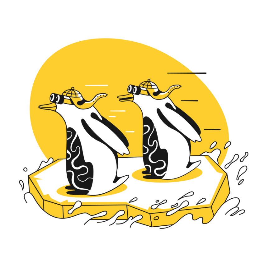 Illustration of two penguins ice surfing