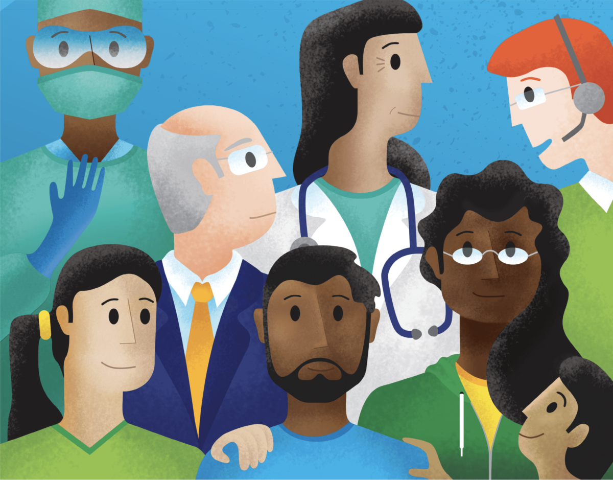 Illustration of patients, caregivers, and doctors of different types